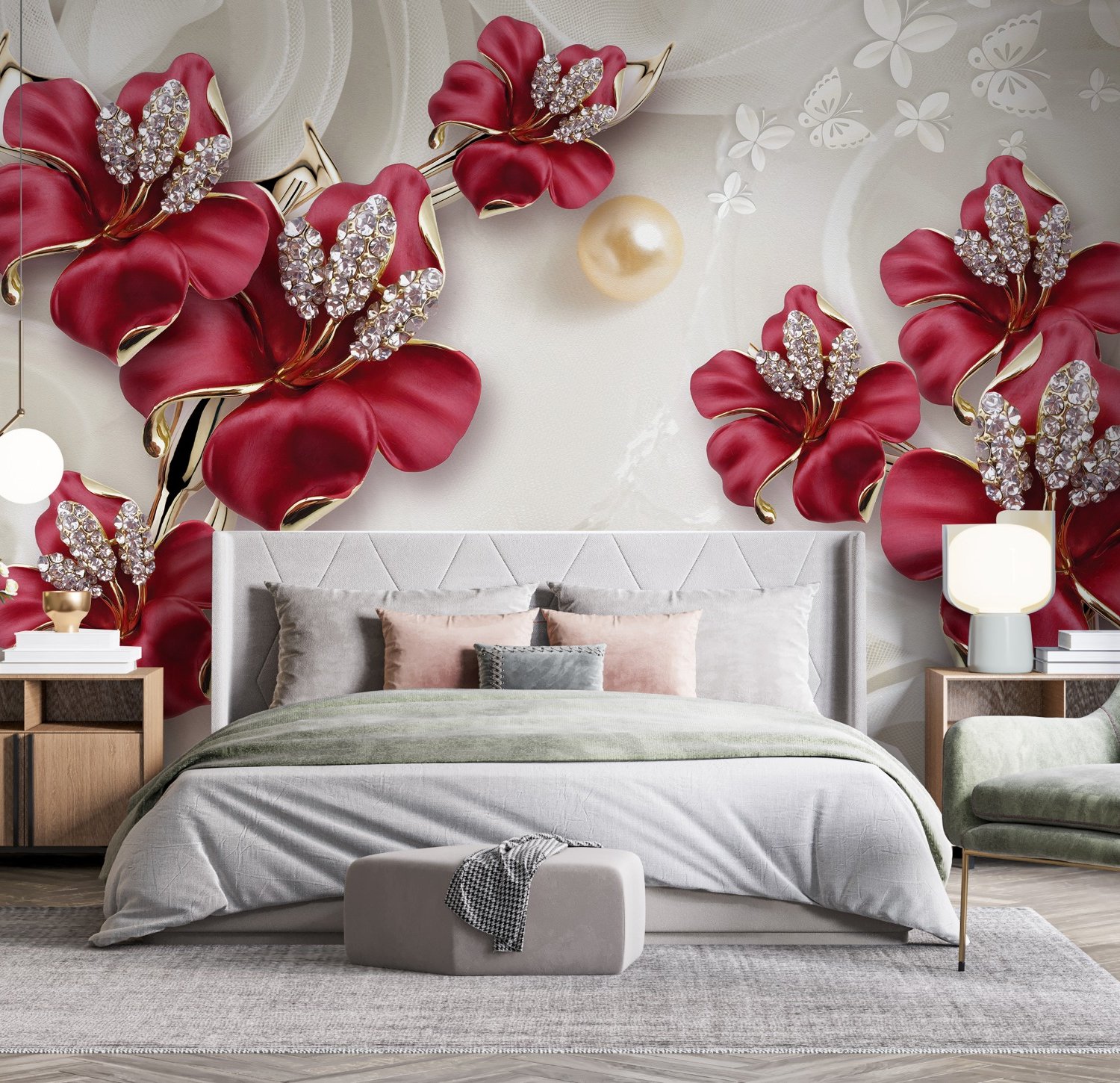 Crystal Red Floral Art Wallpaper Mural - Peel and Stick