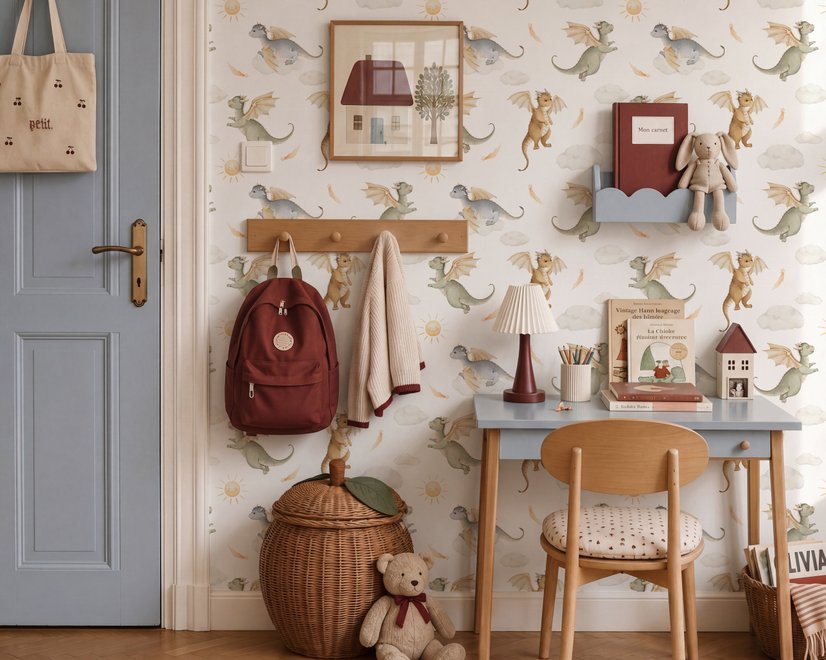 Kids wallpaper with sage, caramel and blue-gray watercolor dragons, clouds, sun and stars on white