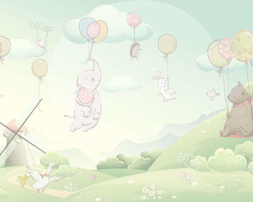 Animals Flying with Balloon Wallpaper Mural