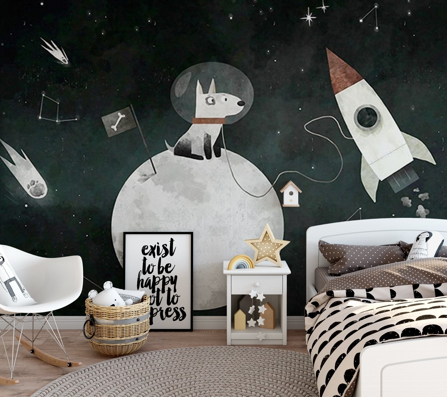 Kids Space Dog with Moon and Rockets Wallpaper Mural - Peel and Stick