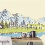 Papier peint panoramique paysage montagneux au charbon avec lac et pins