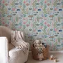 Modern coastal wallpaper with watercolour tropical fish, coral, seaweed, shells and bubbles on light aqua-blue