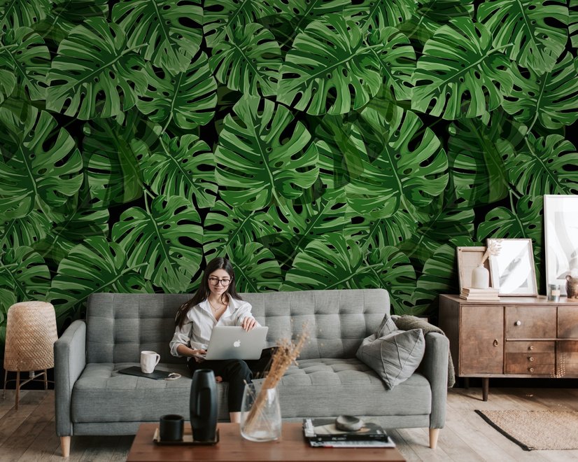 Papier peint à motifs de feuilles tropicales vertes