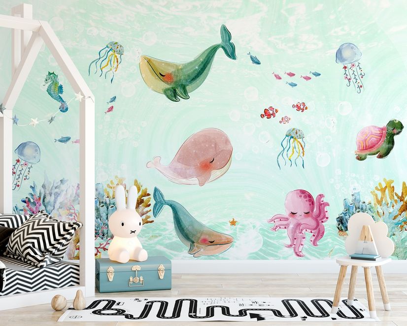 Nursery Cute Sea Animals Wallpaper Mural
