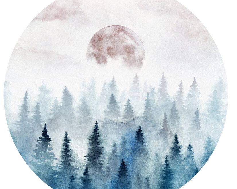 Foggy Forest with Rising Moon Landscape Circle Wall Decal Sticker