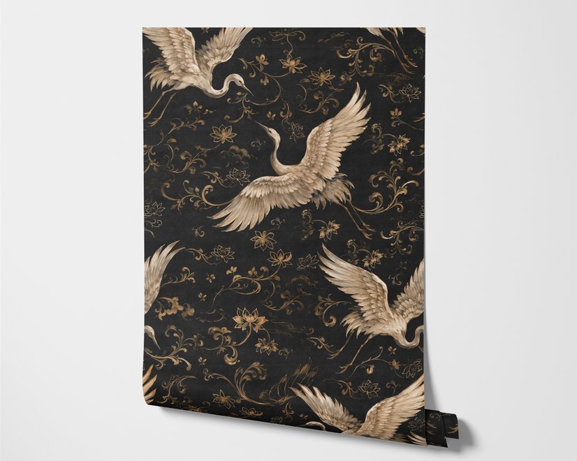 Ivory cranes and antique gold lotus flowers on charcoal-black Japanese lotus wallpaper