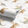 Kids wallpaper with sage, caramel and blue-gray watercolor dragons, clouds, sun and stars on white