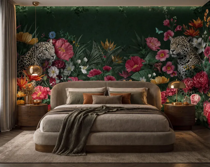 Elegant Tropical Botanical Floral and Leopard Wallpaper 
