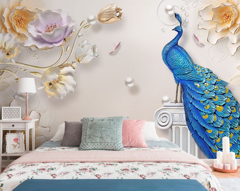 3D Embossed Look Tulip Floral with Peacock Wallpaper Mural