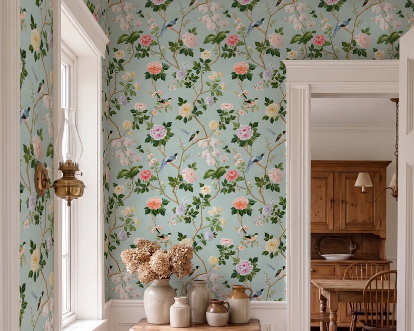 Chinoiserie wallpaper with peach birds, orchids and peonies on a pale duck egg blue ground