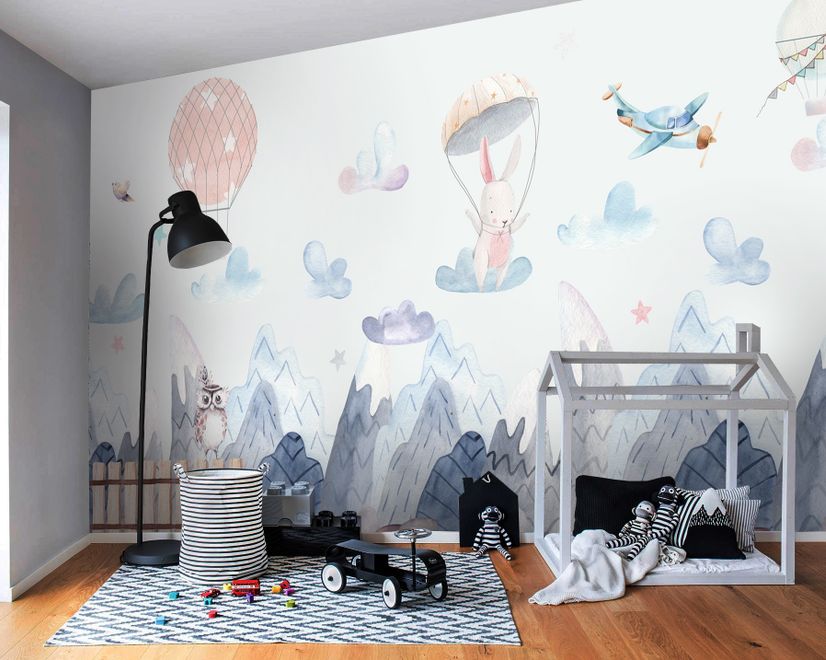 Watercolor Style Kids Landscape with Cute Bunny Wallpaper Mural
