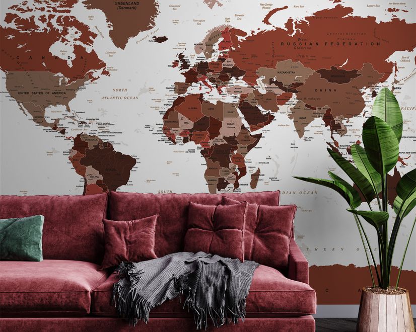 White and Brown Political World Map Wallpaper Mural