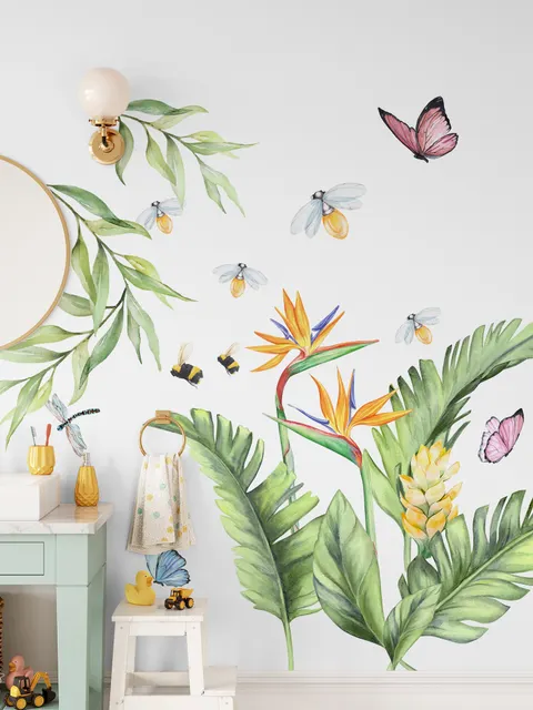 Cute Tropical Leaves and Flowers Wall Decal Sticker
