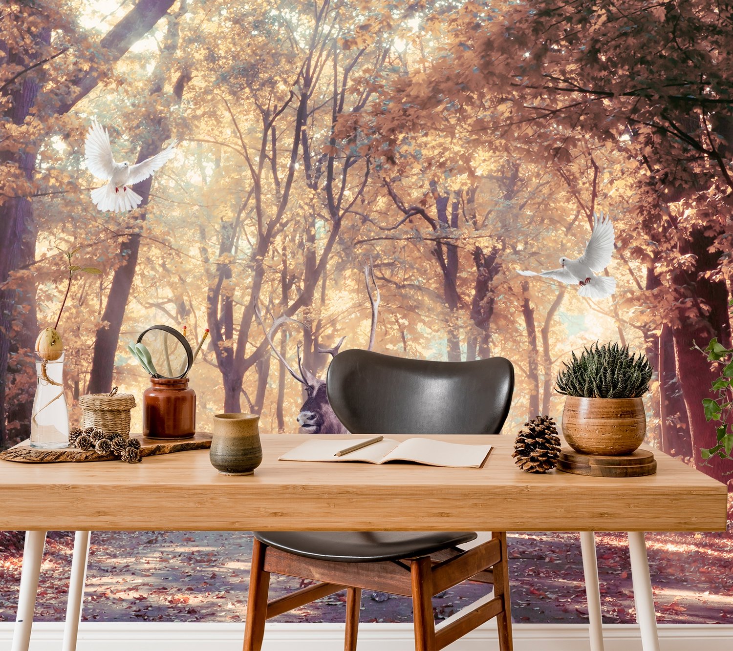 Watercolor Forest and Elk Wallpaper Mural - Peel and Stick