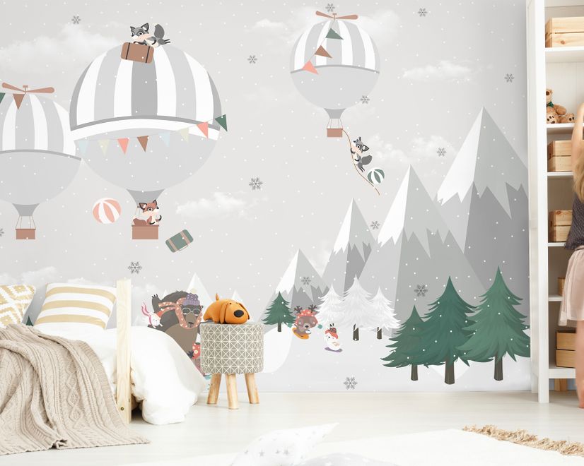 Cute Animals Playing Skate on the Snowy Mountain with Hot Air Balloon Wallpaper Mural
