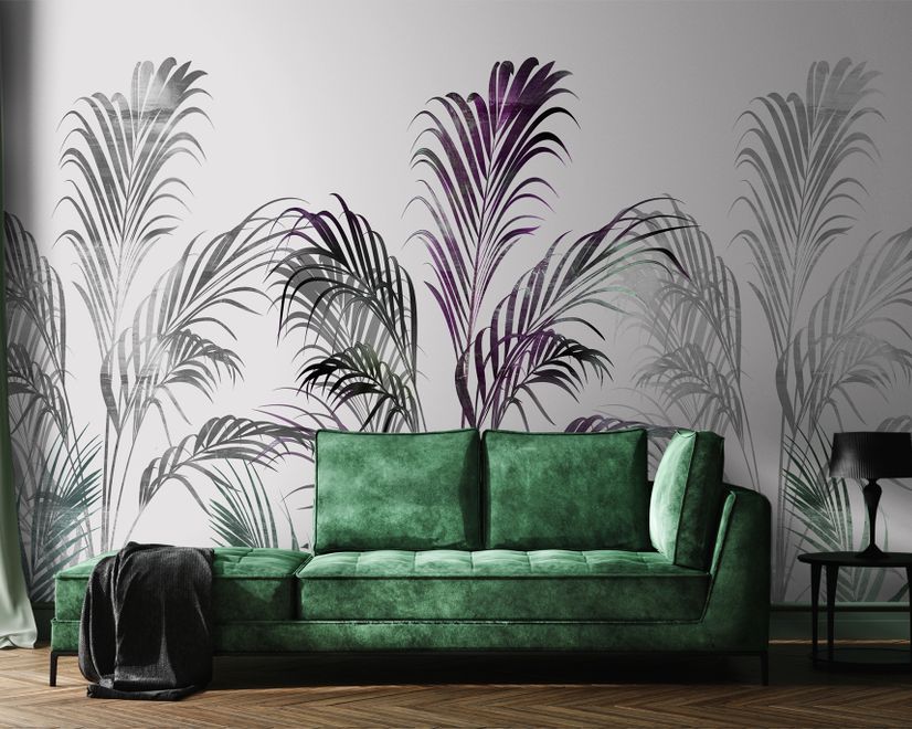 Papier peint panoramique feuilles de palmier vertes et violettes tropicales