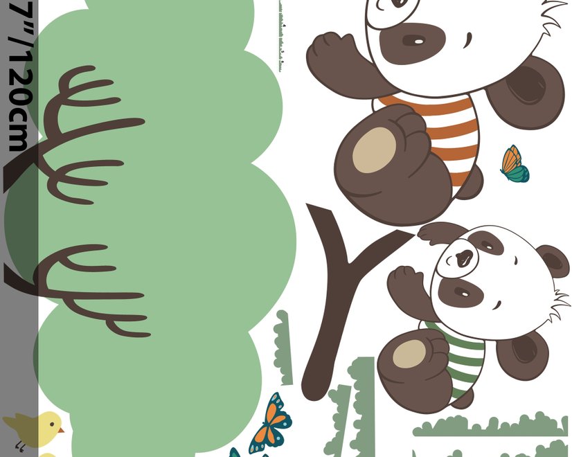 Panda and Her Cubs on the Tree with Butterfly and Birds Wall Decal Sticker