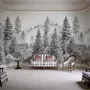 Monochrome forest with fog wallpaper mural showing tall pine trees, firs and silver-grey mist