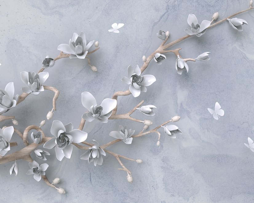 Papier peint artistique fleurs et branches de magnolia