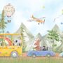 Papier peint animaux mignons aquarelle dans le bus pour enfants