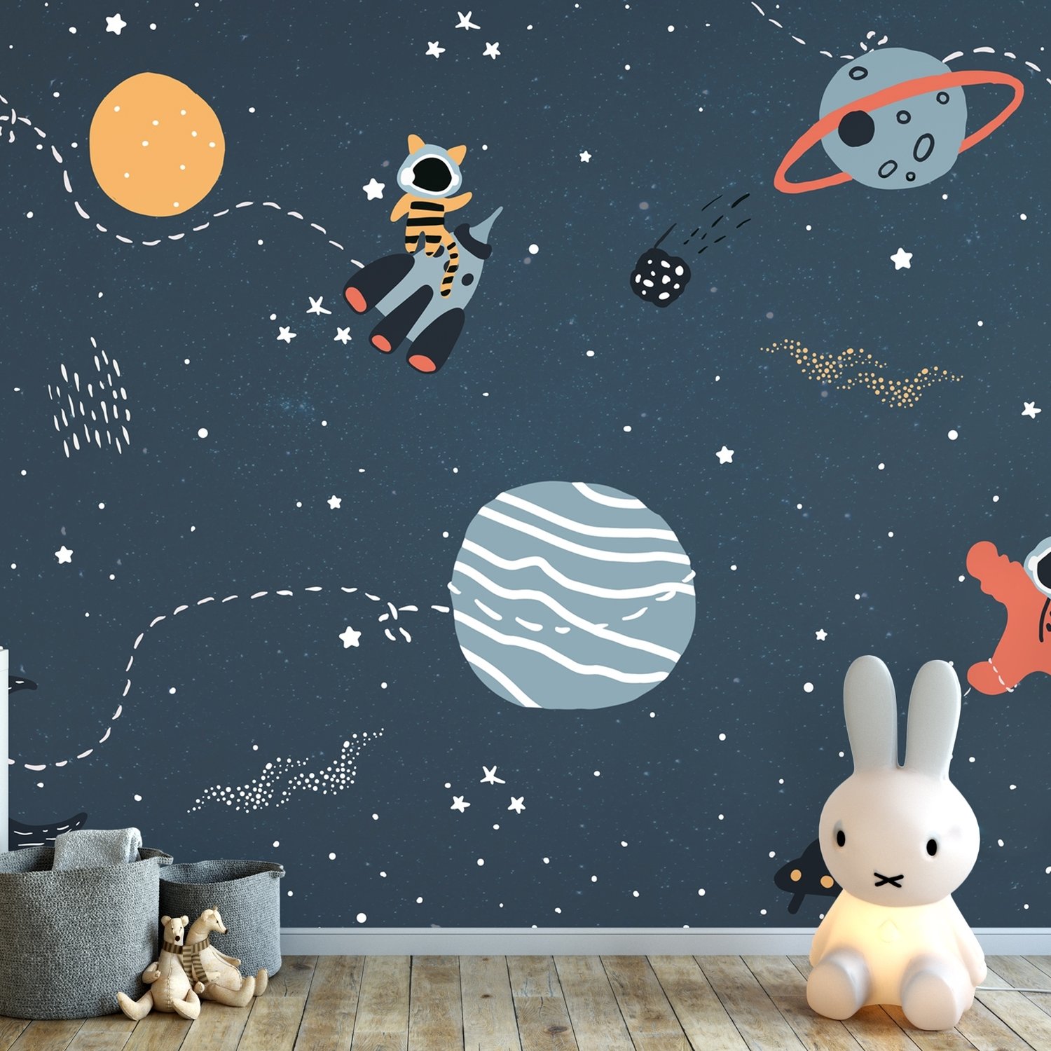 Nursery Space with Colorful Planets and Little Stars Wallpaper Mural - Peel and Stick