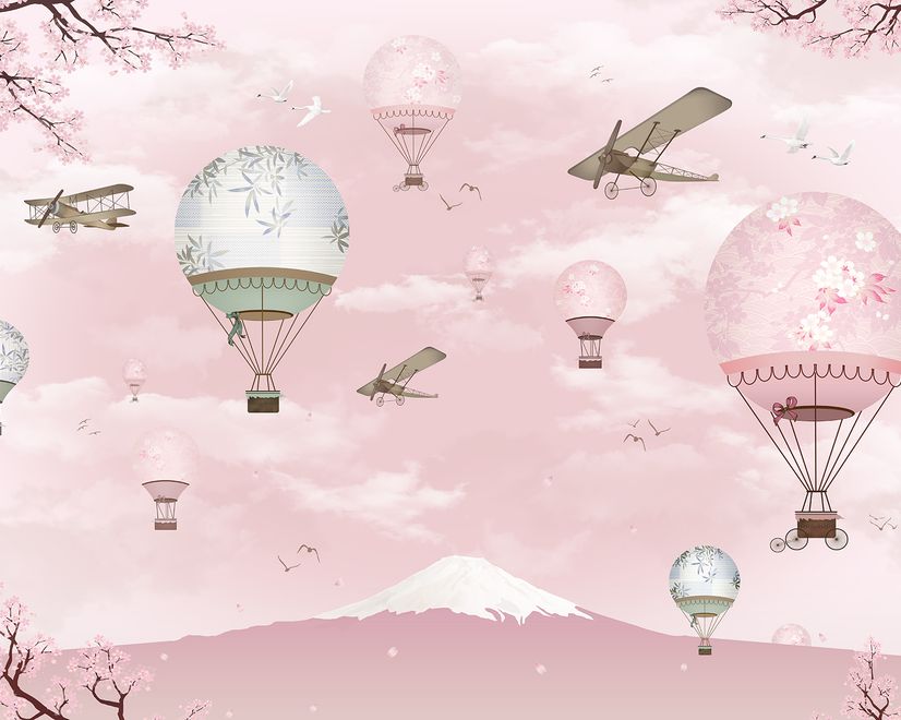 Cherry Blossom with Pink Hot Air Balloon Wallpaper Mural