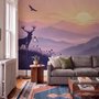 Stag mountain wallpaper with a navy deer silhouette, lavender pine ridges and a pale golden sun