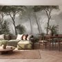 Forest in fog wallpaper with tall pine trees, grey mist, shrubs and a spiky palm in watercolour.