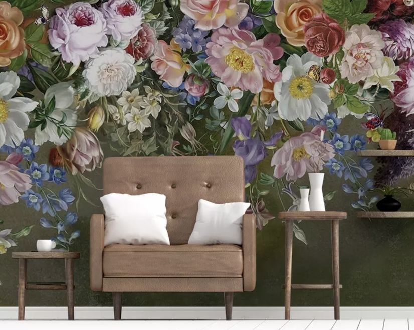 Vintage Colorful Vine Flowers Wallpaper Mural