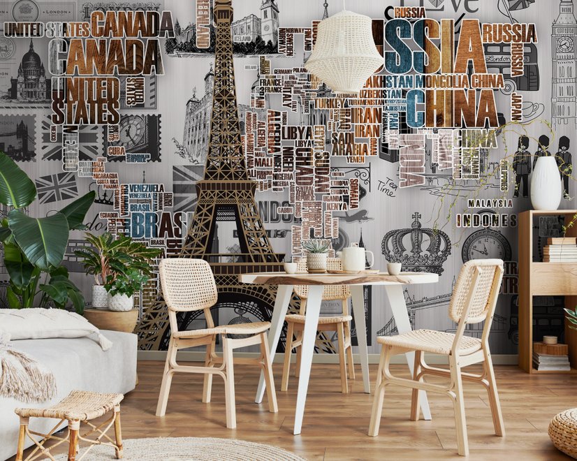 Eiffelturm und Länder-Typografie Fototapete