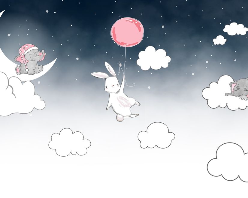 Cartoon Nightscape with Rabbit and Elephant Wallpaper Mural