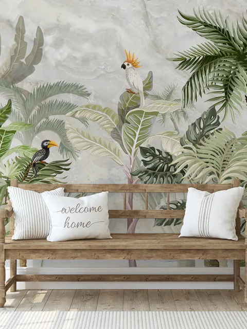 Green Tropical Forest with Parrot Wallpaper Mural