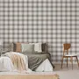 Neutral beige and brown plaid wallpaper with cream squares, taupe woven blocks and fine dark brown lines