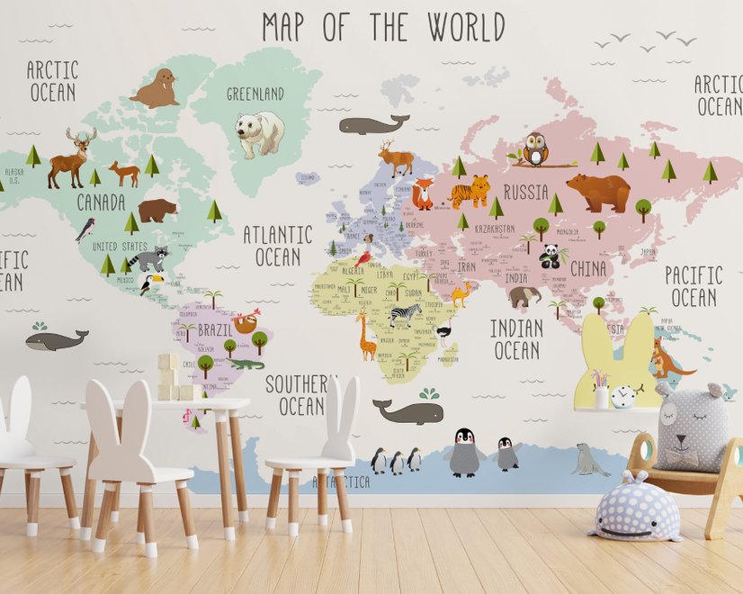 Kids Nursery Educational Continent World Map Wallpaper Mural