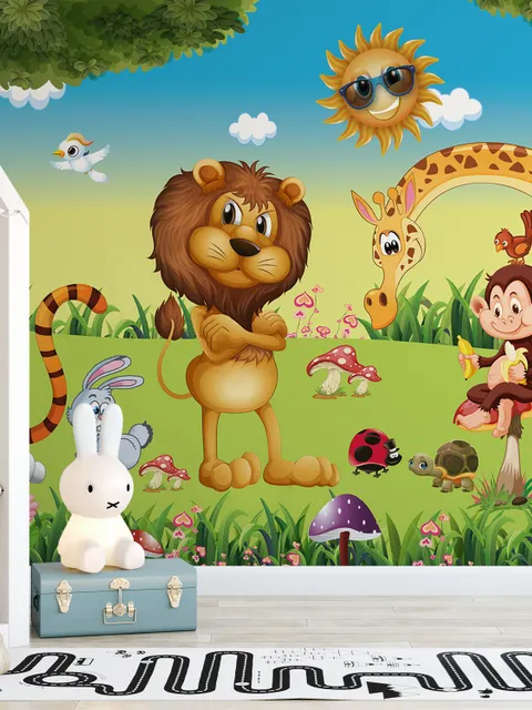 3D Look King Lion and Wild Animals Wallpaper Mural