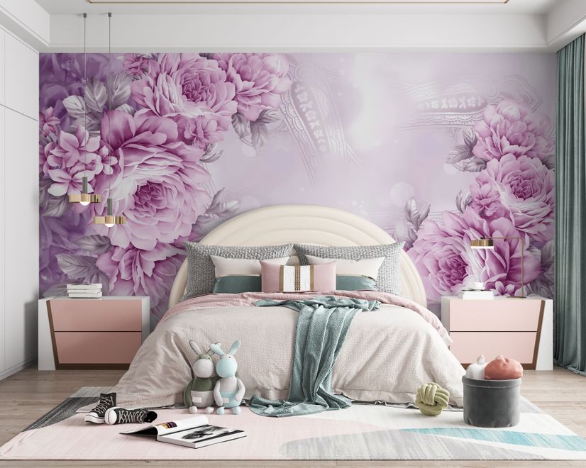Drawn Pink Peony Floral Wallpaper Mural