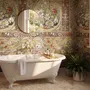 Antique style wallpaper mural with tulip vase medallion, floral tile panels and burgundy borders
