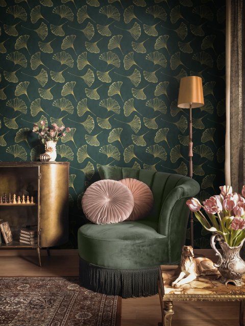 Dark green wallpaper with metallic antique-gold etched ginkgo leaves on a textured forest-green teal ground