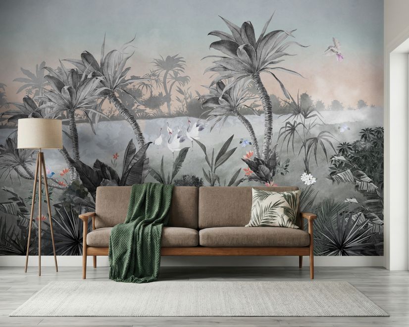 Colorful Parrot and Cute Monkey with Soft Forest Wallpaper Mural