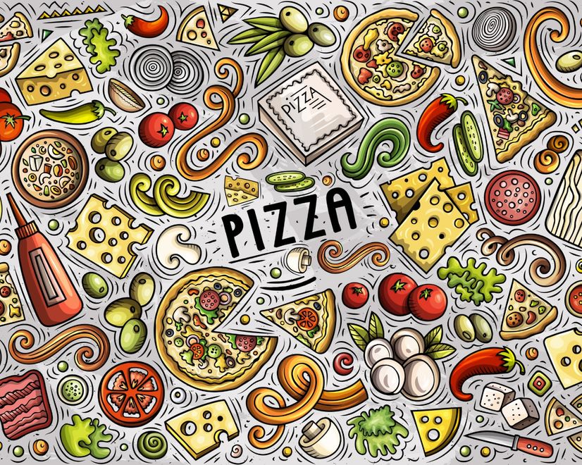 Cartoon Colorful Fast Foods and Pizza Wallpaper Mural
