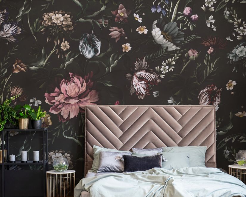 Dutch Flower Peony with Tulips Dark Floral Wallpaper Mural
