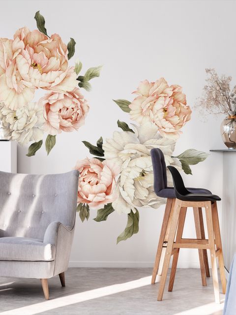 Stickers muraux bouquet floral de pivoine orange et blanche