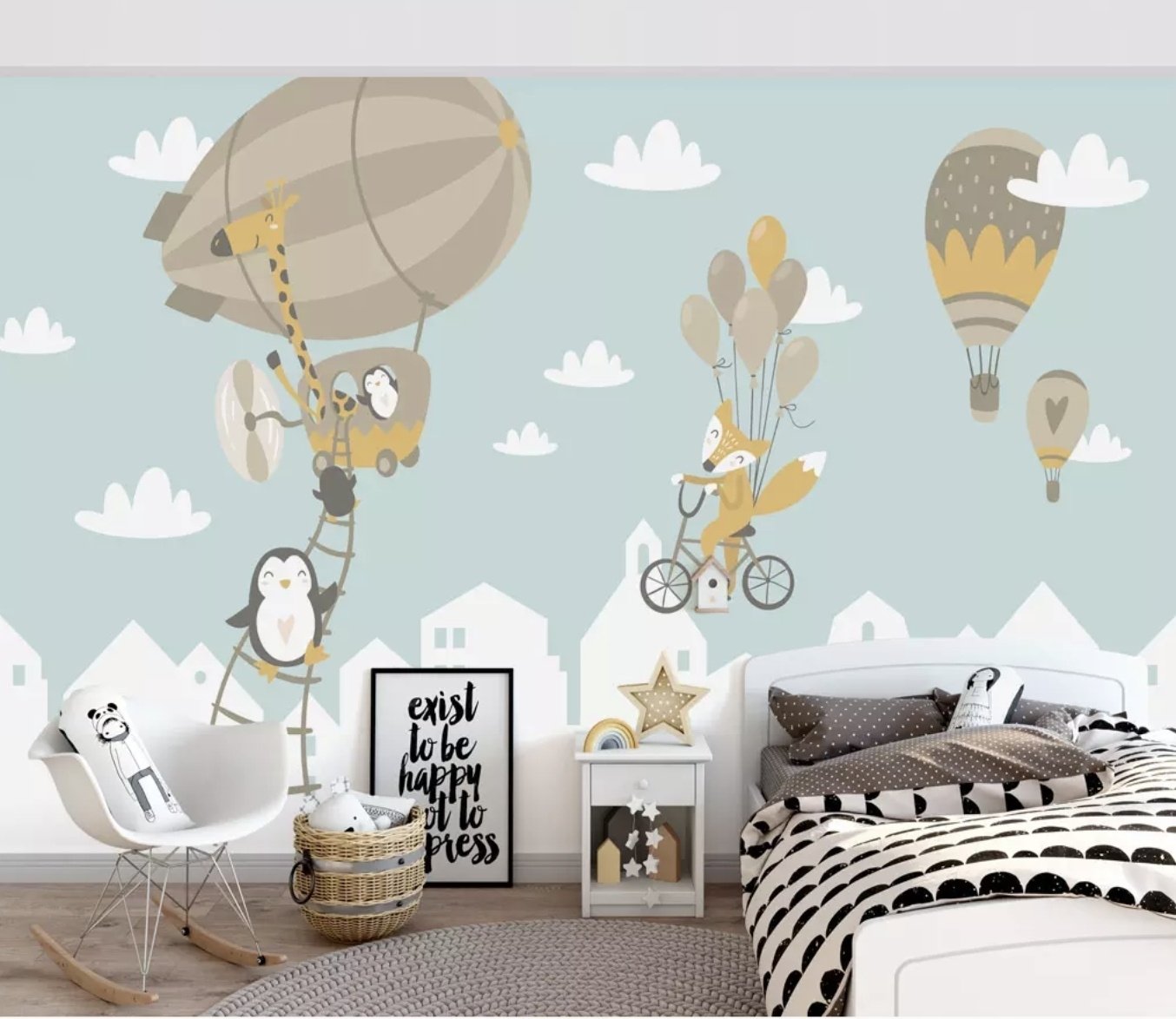 Big Air Balloon with Cute Animals Wallpaper Mural - Peel and Stick