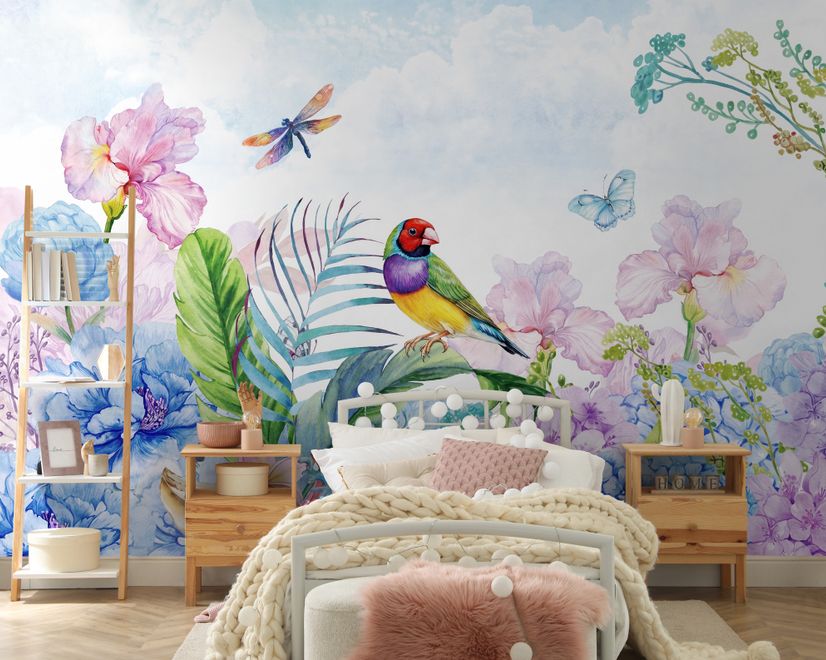 Hydrangea and Peony with Parrot Wallpaper Mural