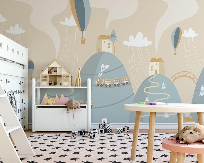 Soft Hot Air Balloon with Little Home Wallpaper Mural