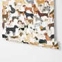 Zoomie kids wallpaper with painted dog breeds in tan, brown, black and grey on white