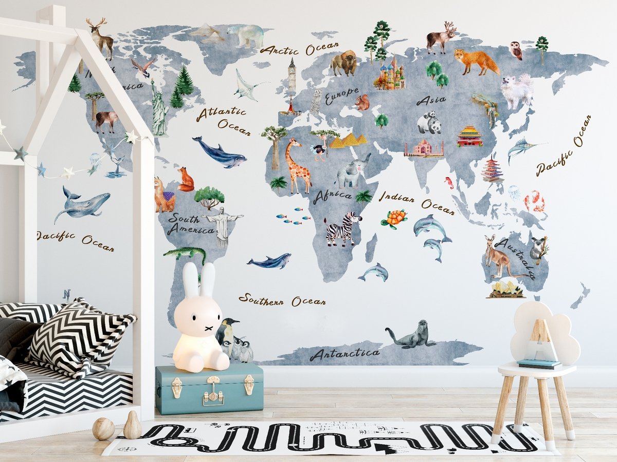 Animals on World Map Wallpaper Mural - Peel and Stick