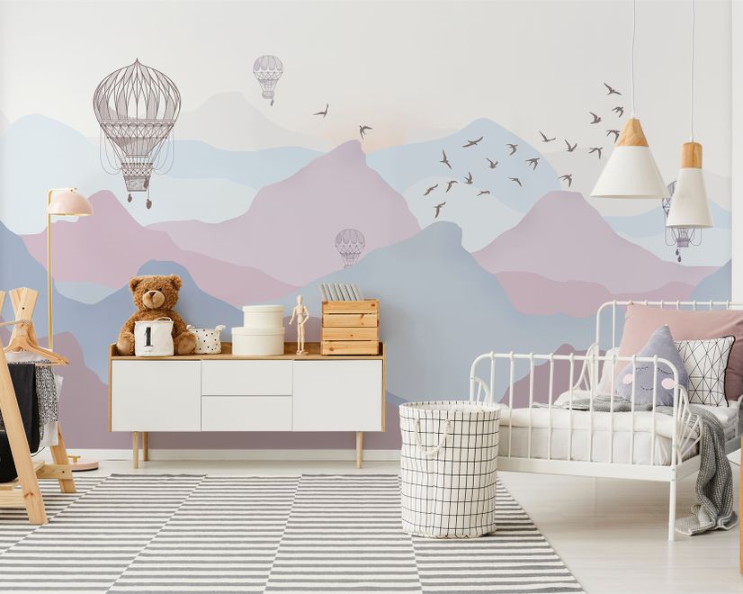 Kids Soft Misty Mountain Landscape and Old Hot Air Balloons