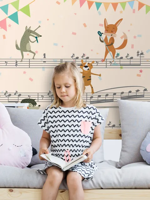 Cartoon Animals on Music Notes Wallpaper Mural