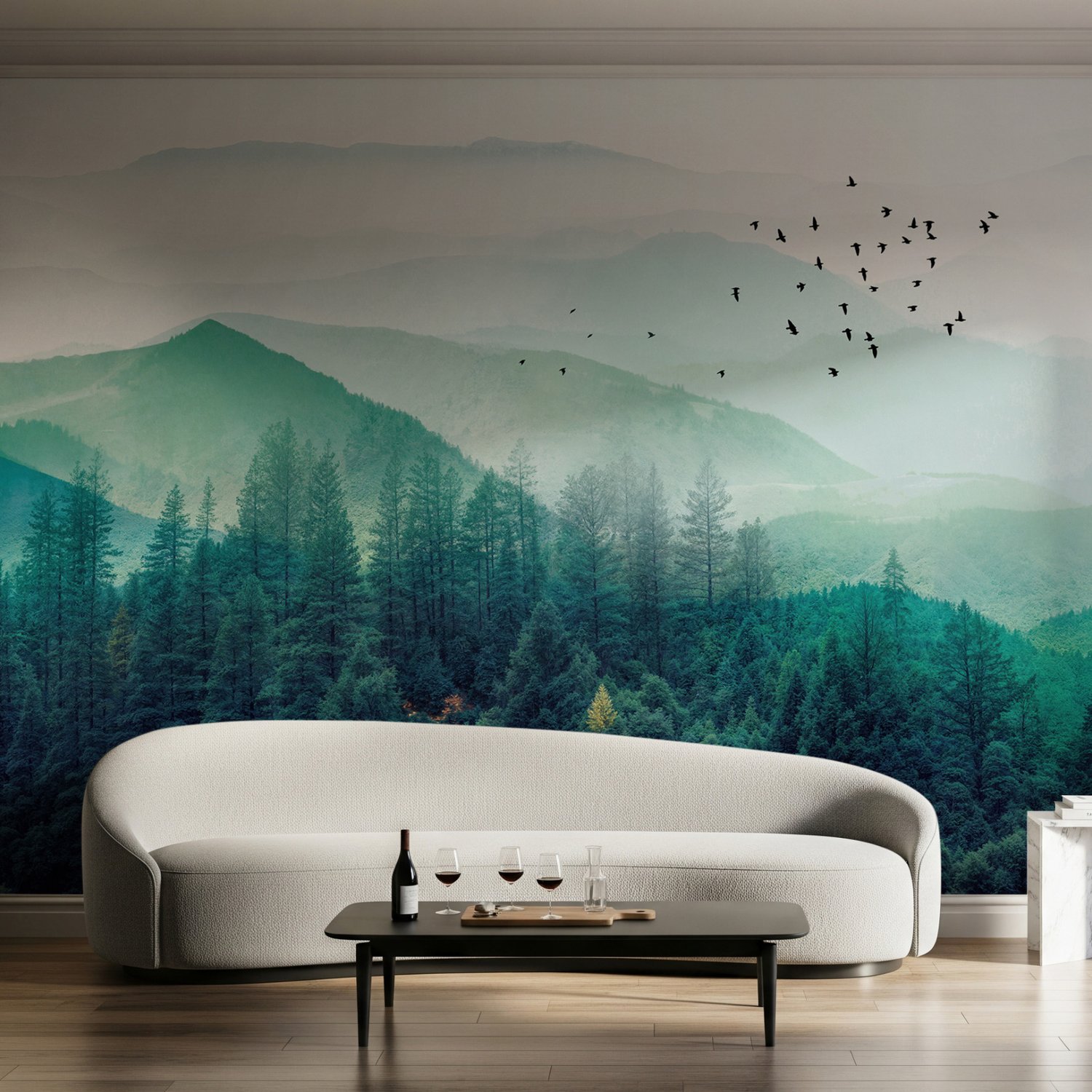 Misty Green Forest with Birds Wallpaper Mural - Peel and Stick